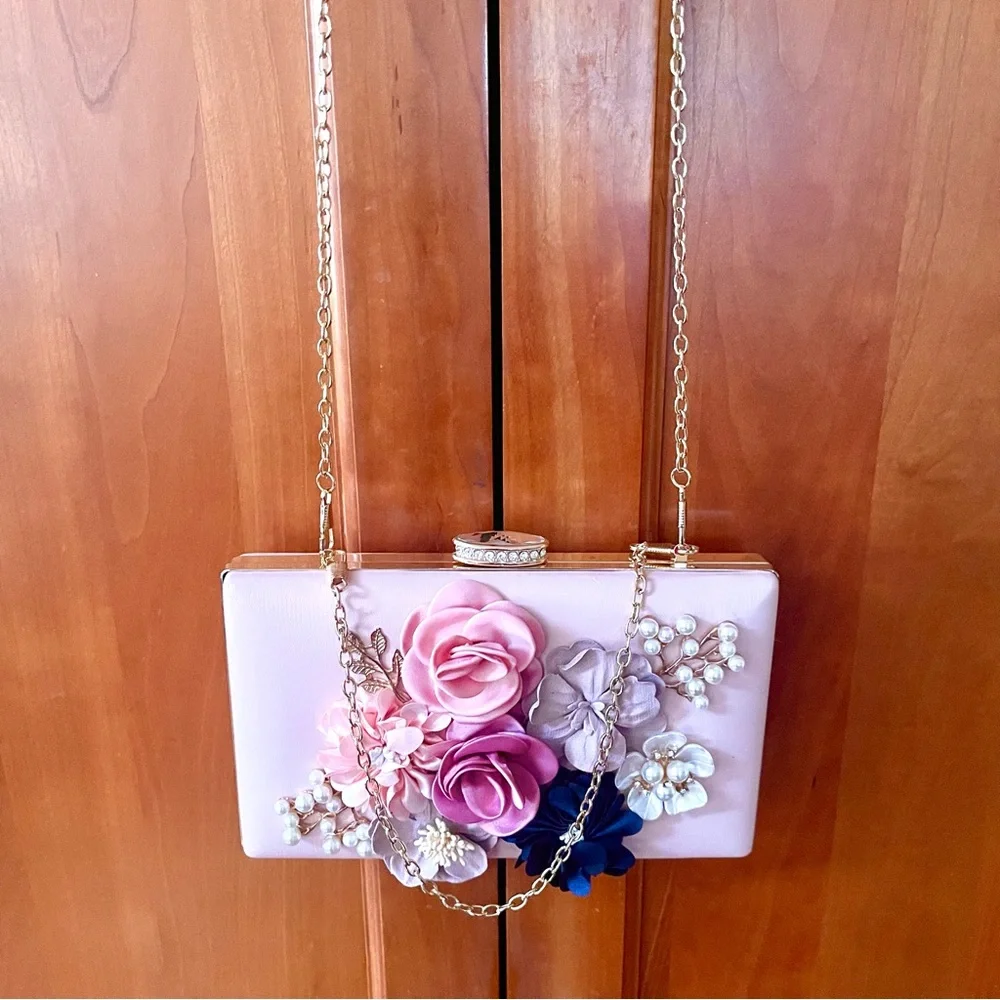 Elegant Floral & Pearl & Crystal Embellished Evening Clutch & Crossbody Bag
